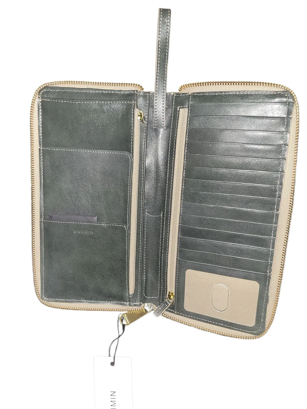 Brahmin Skyler  Leather Clutch W/ Extendable Wristlet Dark Green with Tan Trim